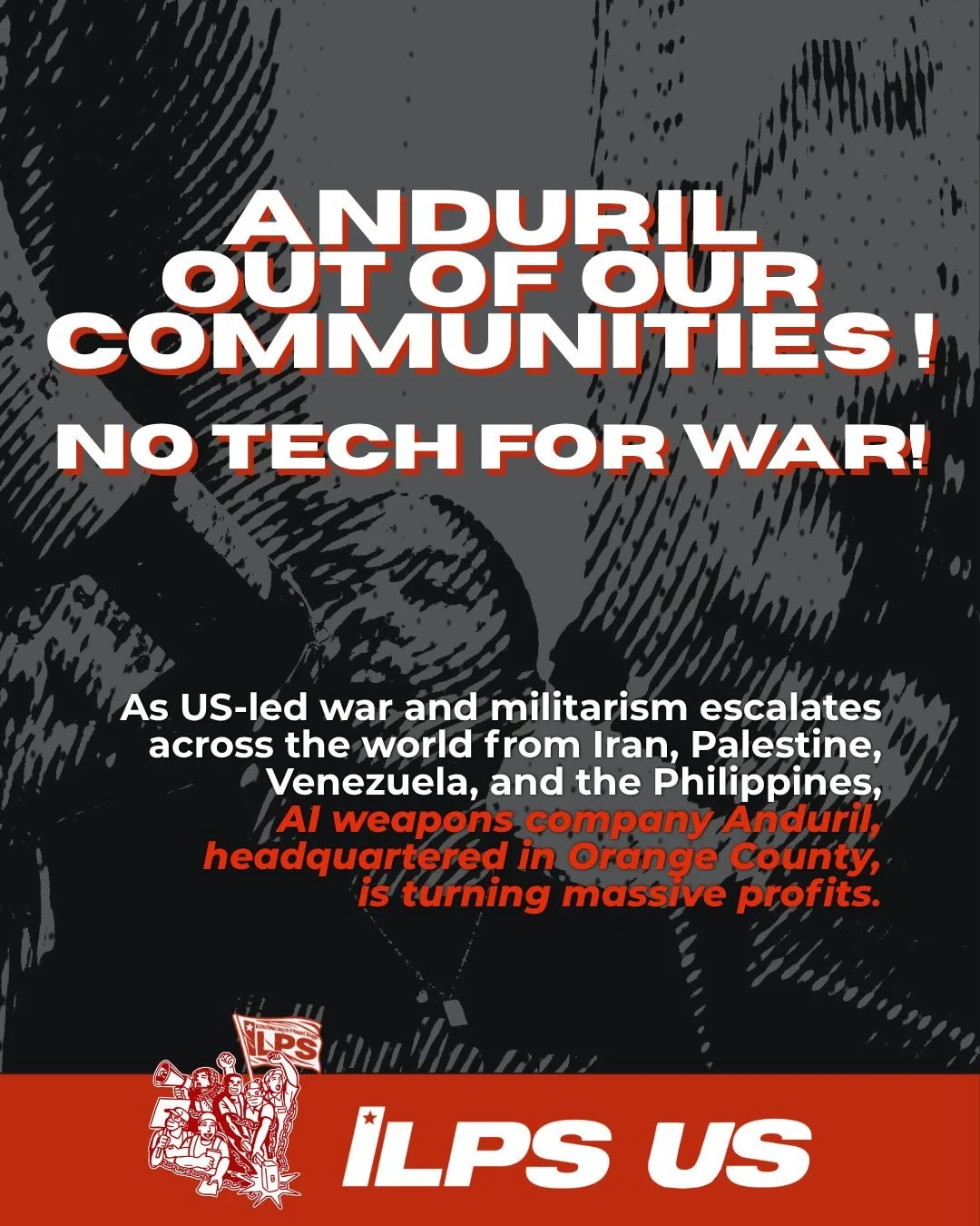 📣 NO TECH FOR FASCISM, WAR, PLUNDER, AND EXPLOITATION!

No Tech for Imperialist War! Cut Ties with Anduril!
Anduril Out of SoCal! Anduril Out of Everywhere!

As US militarism expands across the Asia-Pacific and around the world, companies like Andur