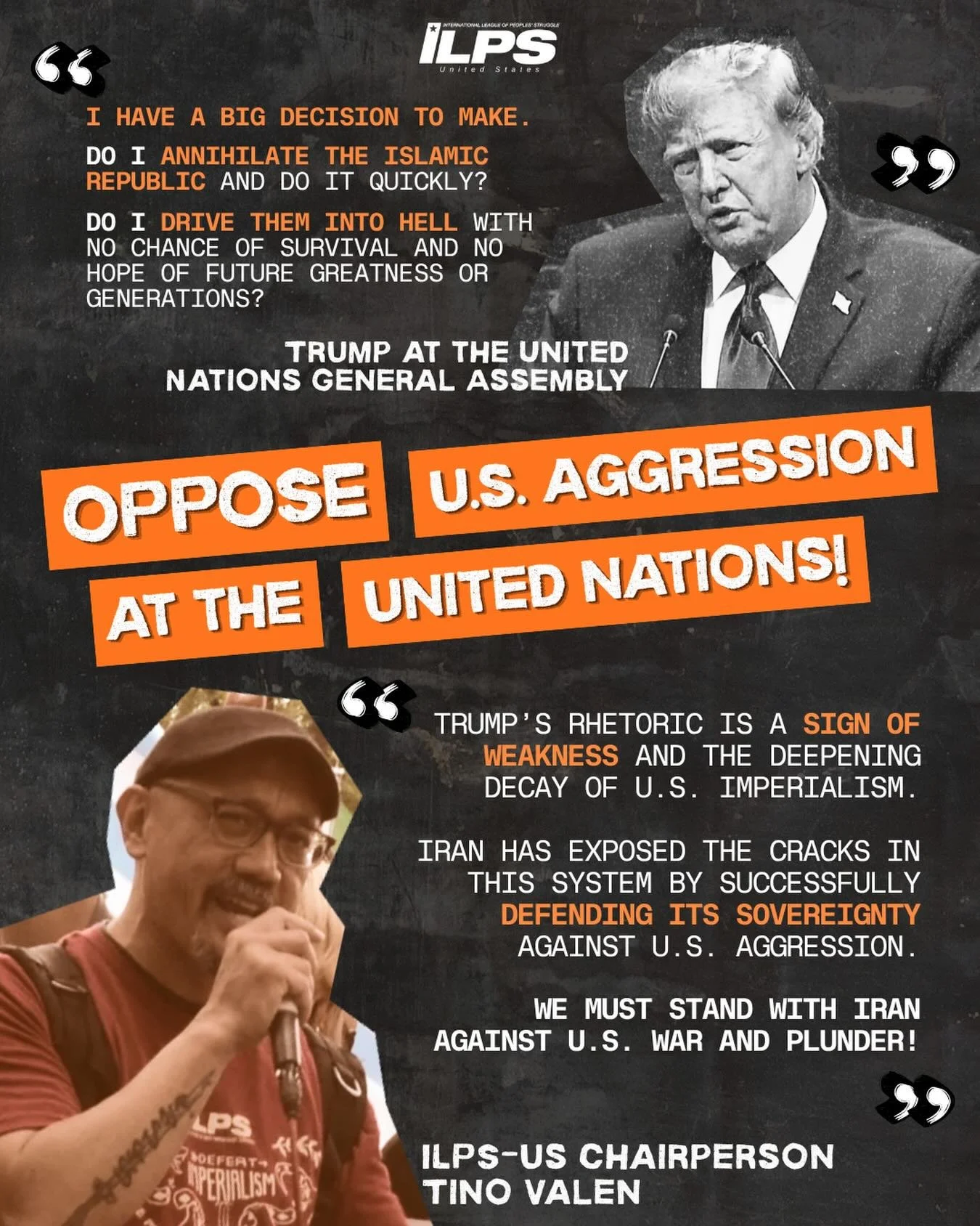OPPOSE U.S. AGGRESSION
FIGHT FOR NATIONAL SOVEREIGNTY

‼️Trump&rsquo;s genocidal threats on Iran and Cuba at the UN General Assembly expose the depravity of U.S. imperialism in decline. 

✊ILPS and our members wholeheartedly stand with all nations fi