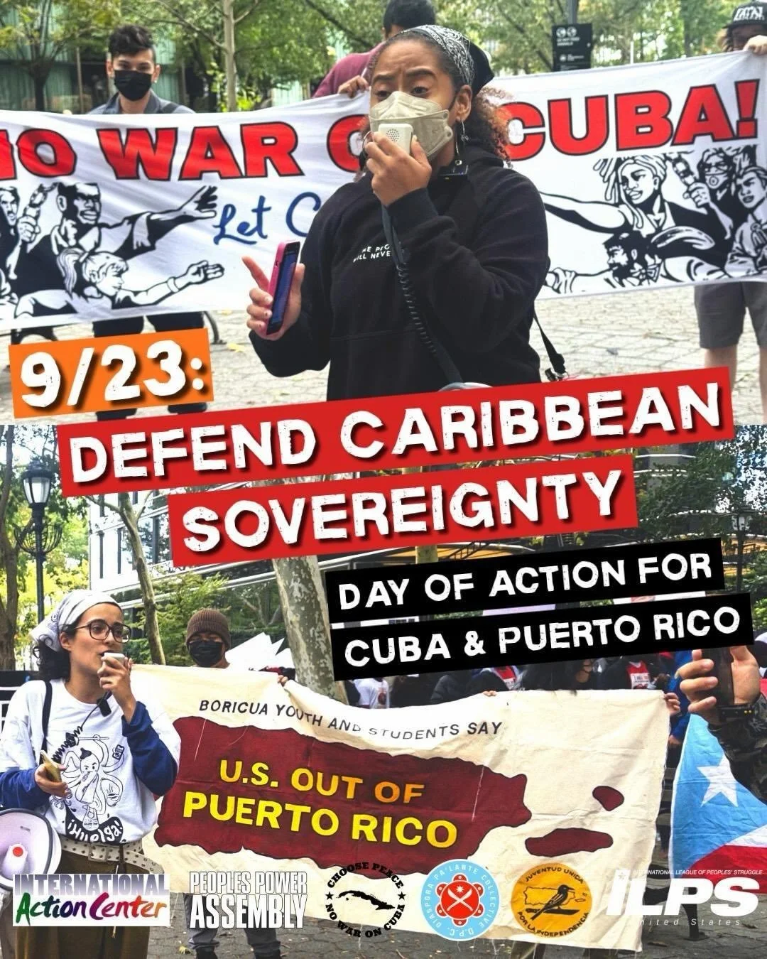 DEFEND CARIBBEAN SOVEREIGNTY 🗣 9/23 DAY OF ACTION FOR CUBA &amp; PUERTO RICO ‼️

🇨🇺🇵🇷On this Day of Action for Cuba &amp; Puerto Rico, the people demand: End the U.S. blockade on Cuba! U.S. out of Puerto Rico! Peace and sovereignty in Latin Amer
