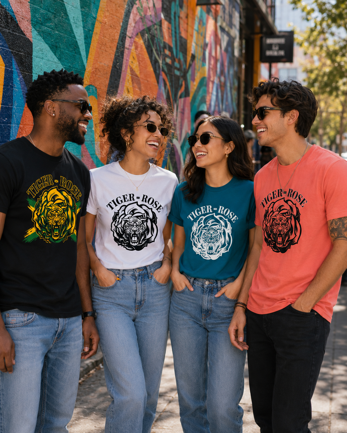 Four friends, two men and two women, standing outdoors against a colorful mural, smiling and chatting, all wearing matching Tiger-Rose graphic t-shirts and sunglasses.