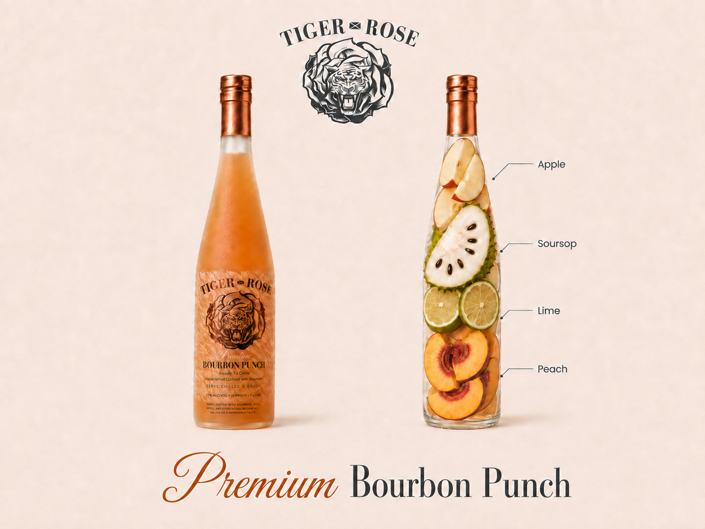 A bottle of Tiger Rose Bourbon Punch with a label that reads 'Premium Bourbon Punch' and features a tiger logo, next to a glass filled with sliced fruits including apple, sour sop, lime, peach, and lemon slices, with labels pointing to each fruit.