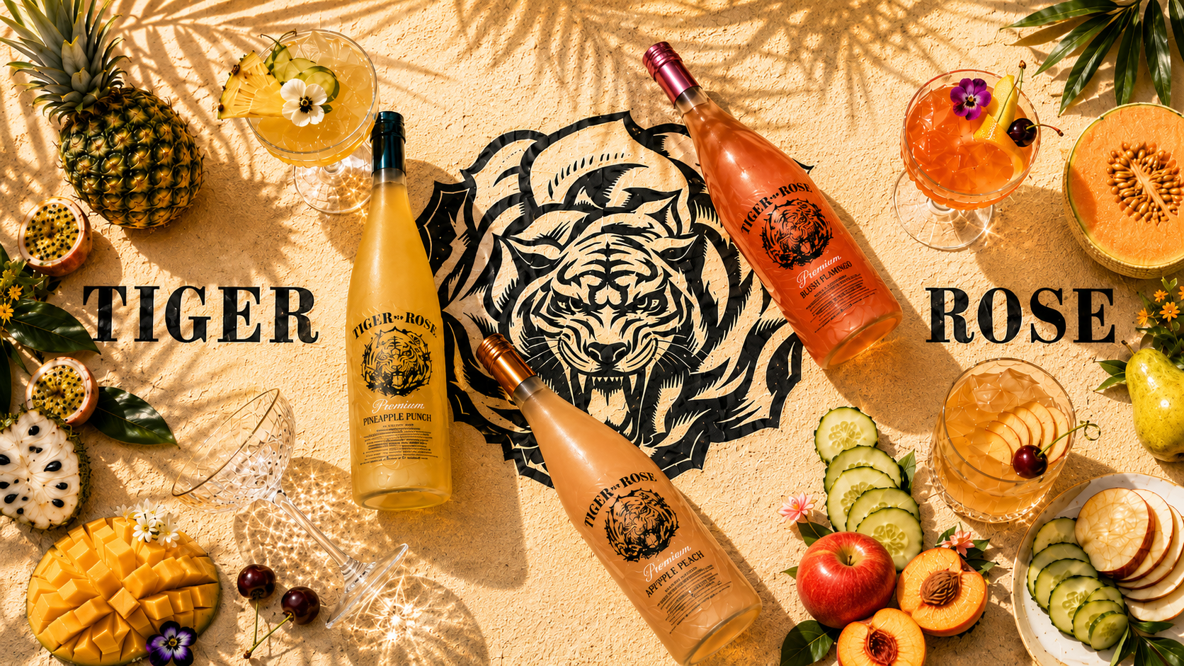 Tropical scene with canned cocktails, fresh fruits, and flowers on sandy surface. Three bottles labeled 'Tiger Rose' with flavors pineapple punch, apple peach, and blush flamingo. Pineapple, mango, watermelon, melon, cucumber slices, cherries, apples, passionfruit, and flowers adorn the setup. Sunlight creates shadows on the sand.
