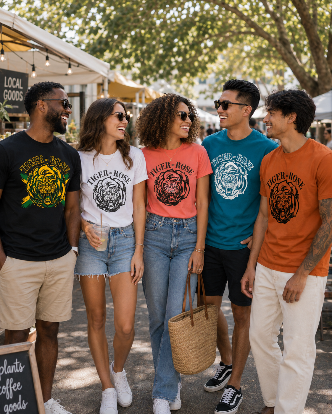 Five young adults at an outdoor market, wearing matching 'Tiger-Rose' t-shirts in different colors, smiling and chatting.