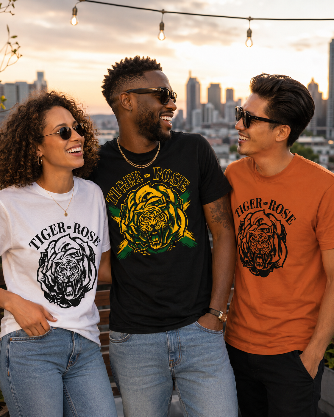 Three friends are smiling and talking on a rooftop during sunset, wearing t-shirts with a tiger and rose logo.