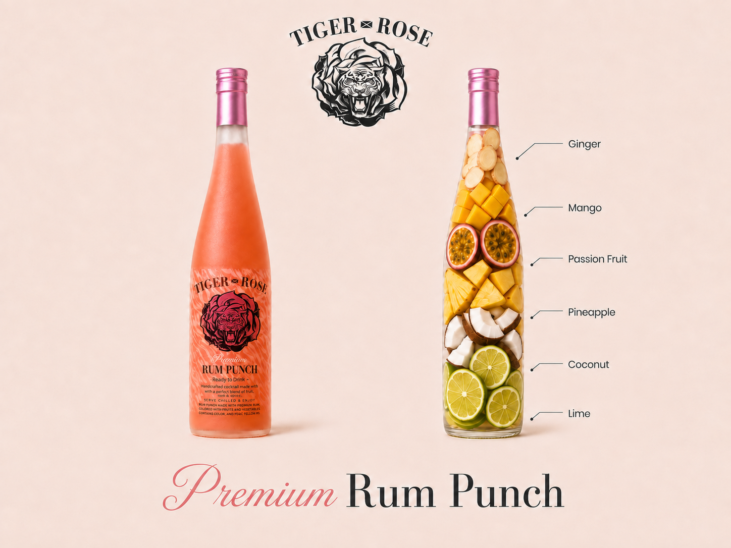 Diagram of a bottle of Tiger Rose Premium Rum Punch and its ingredients, including ginger, mango, passion fruit, pineapple, coconut, and lime, with the ingredients shown inside the bottle.