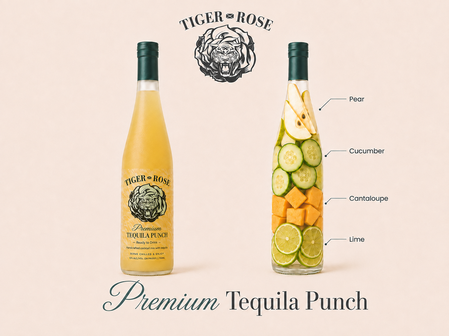 Image of a bottle of Tiger Rose Premium Tequila Punch with an illustrated yellow drink and a diagram showing ingredients inside a glass, including pear, cucumber, cantaloupe, and lime.