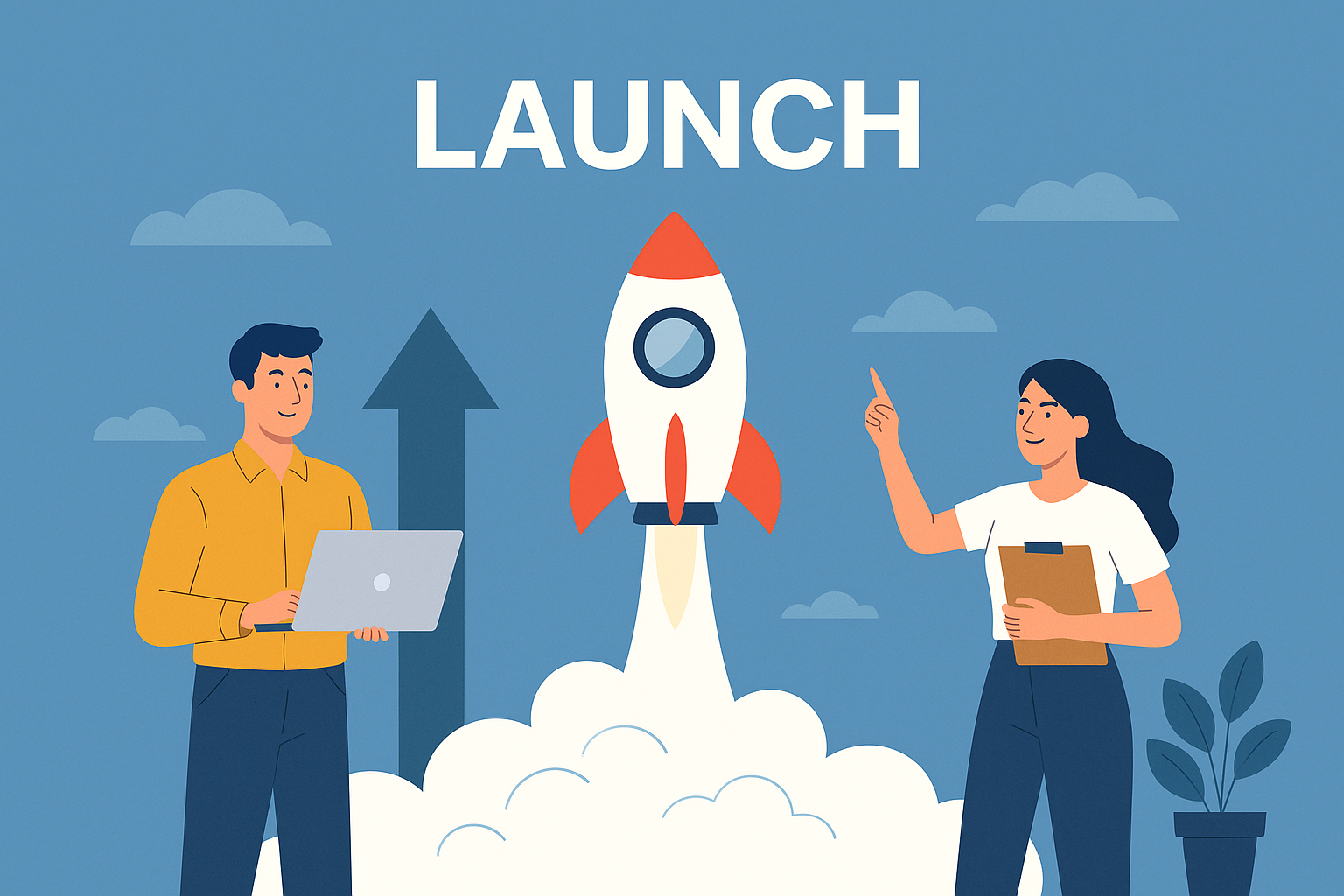 Illustration of two people preparing for a rocket launch, with a rocket taking off and the word 'LAUNCH' above it.