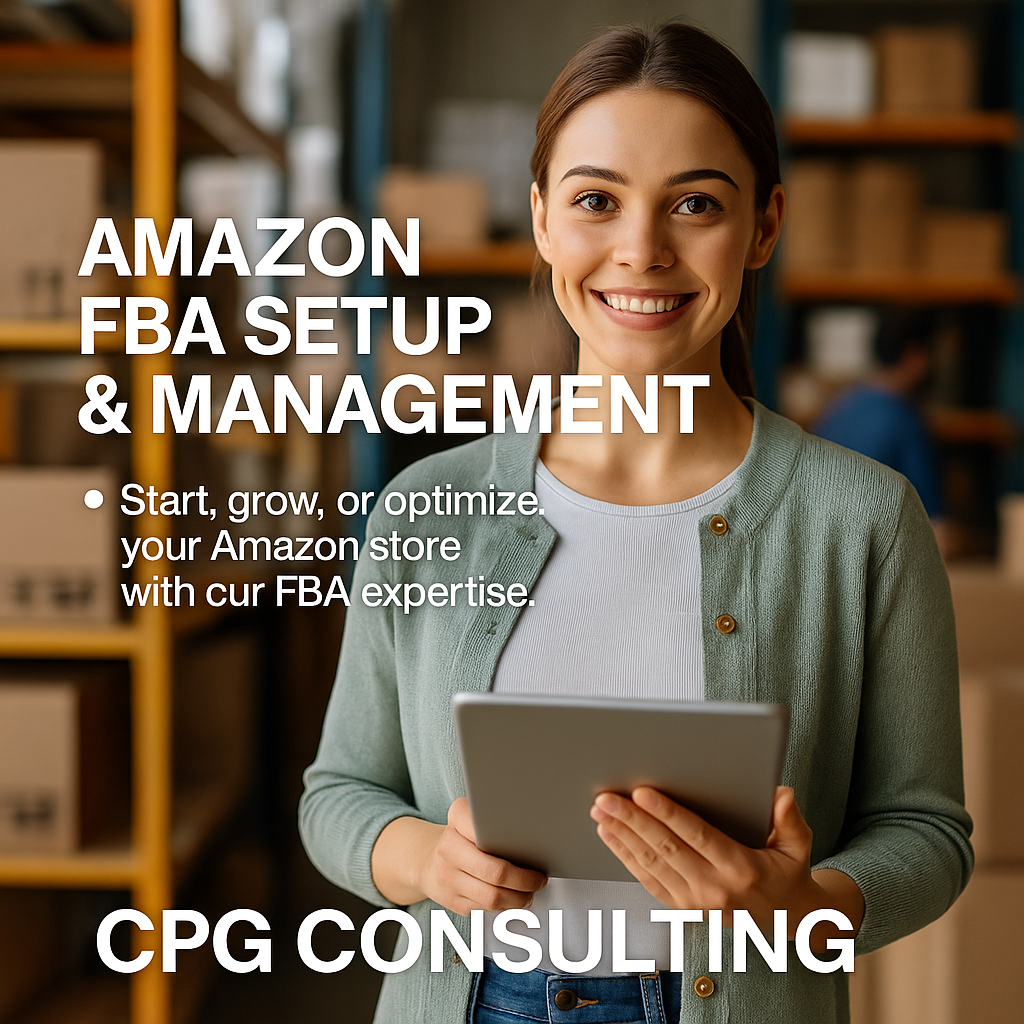 Smiling woman holding a tablet in a warehouse with boxes and shelves, promoting Amazon FBA setup and management consulting services.