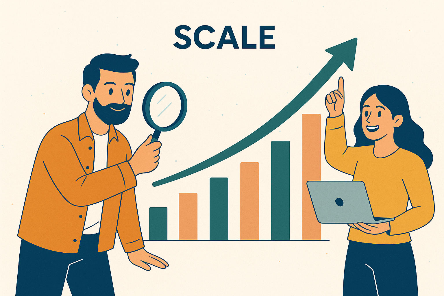 Illustration of two people analyzing a growth chart with an upward trending arrow, labeled 'SCALE'; one person holds a magnifying glass, the other points upwards with a laptop in hand.