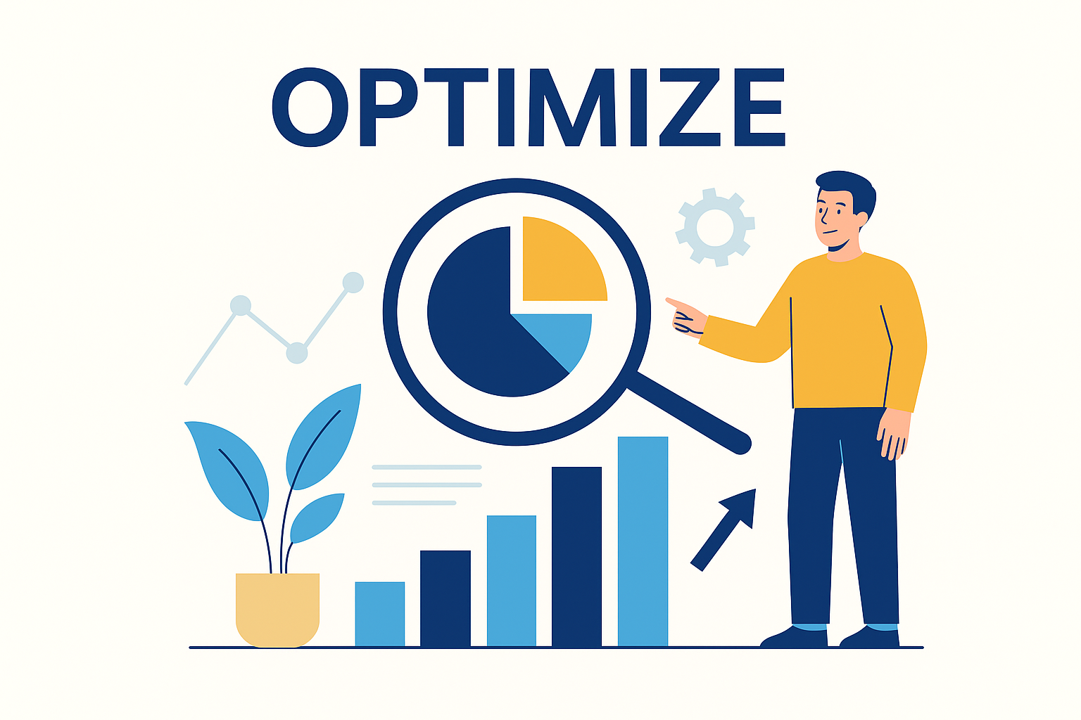 A person pointing at a magnifying glass with a pie chart inside, surrounded by bar graph, line graph, and plant illustrations, with the word "OPTIMIZE" at the top.