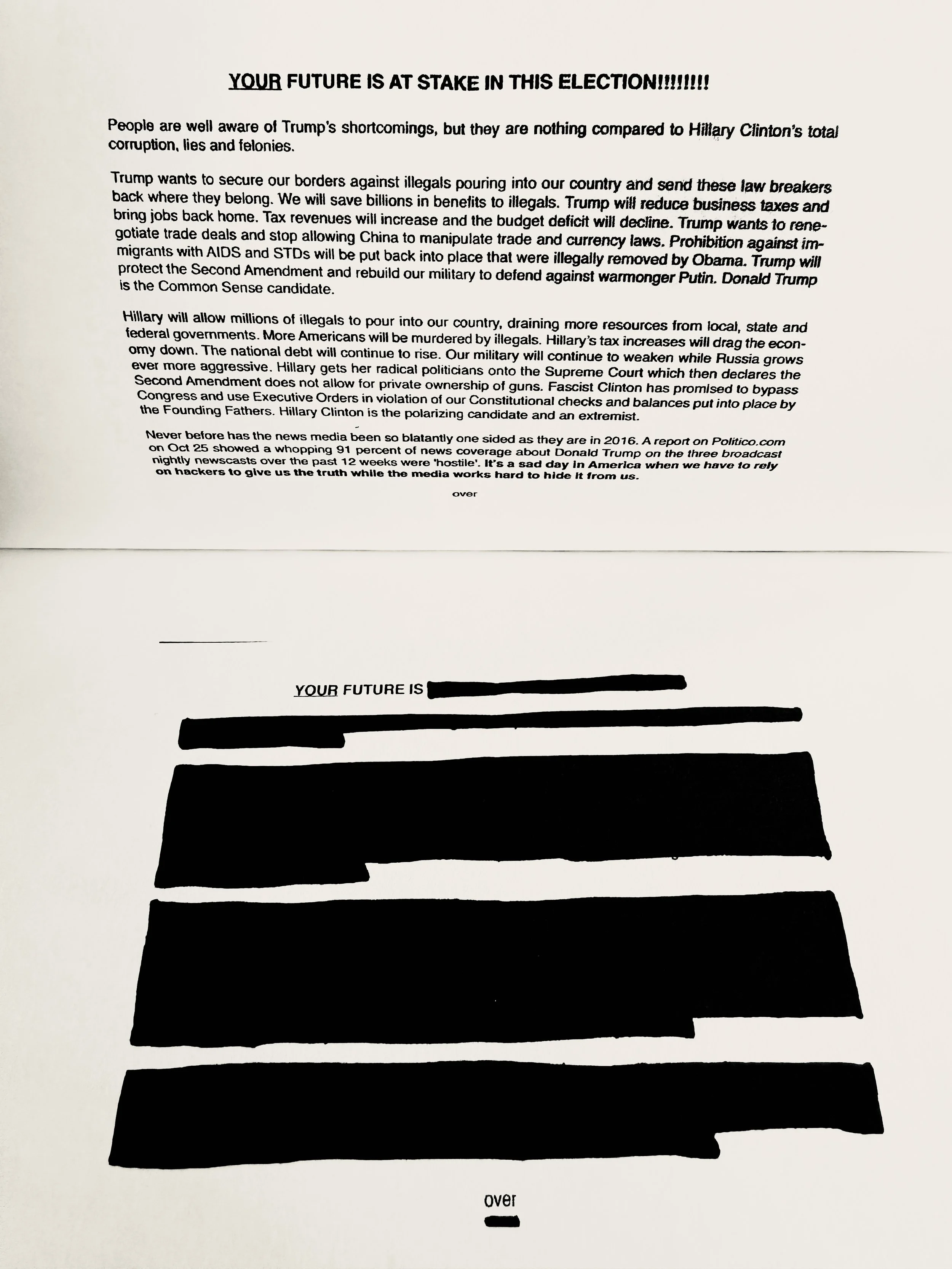 A flyer handed to me on election day made into an erasure poem, published in Erase the Patriarchy anthology from University of Hell Press