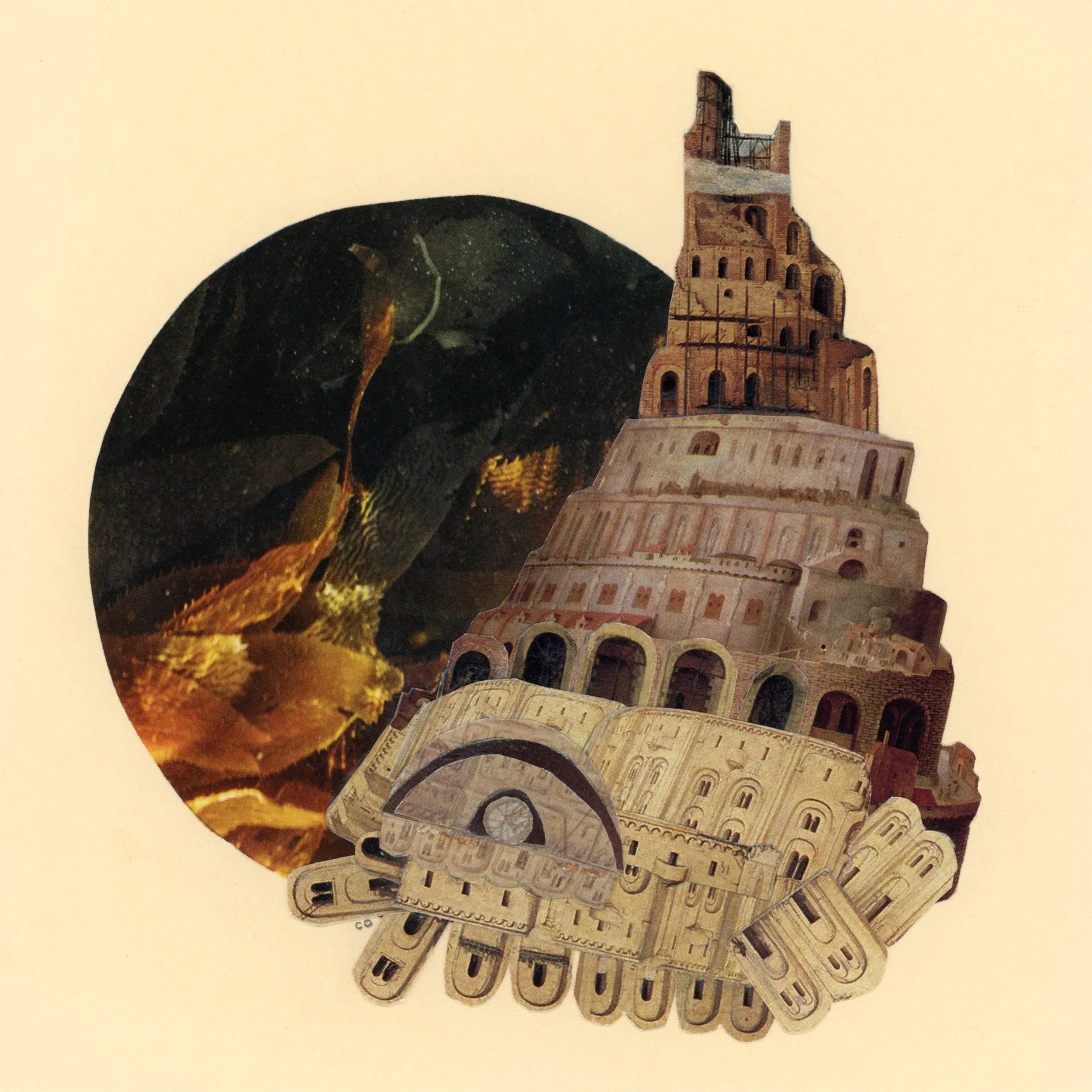 Collage published in the Winter 2026 issue of Wild Roof Journal

It accompanies the erasure poem "Let us build us a tower" which is constructed from an article on the Tower of Babel from FLM magazine.