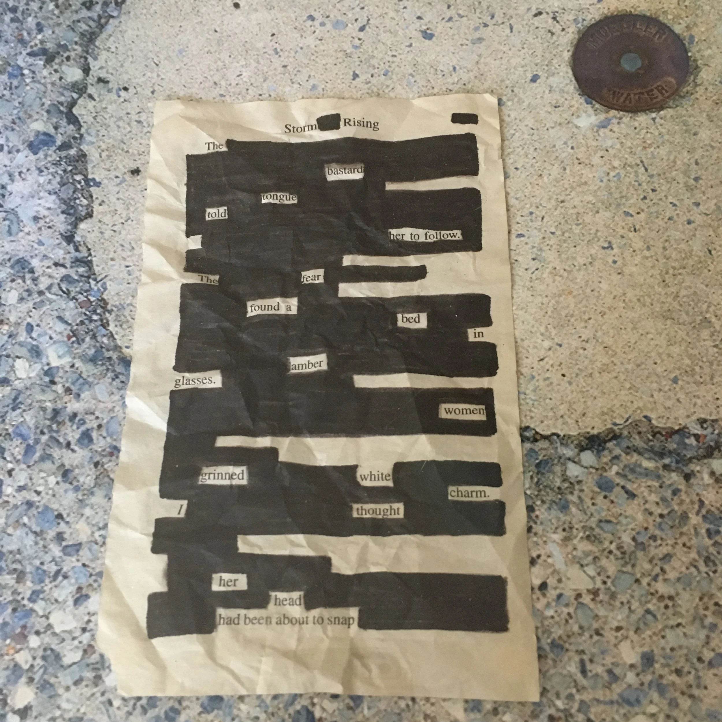 In 2016, I found torn-out pages from a paperback novel strewn over the sidewalk. I wanted to use the pages to create blackout poems, so I picked them up and took them with me. Later, I realized I had a kind of literal concrete poetry opportunity, so 