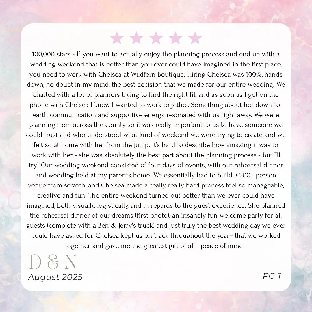 This review blew us away. This is our career, we get to do this for a living - literally making dreams come true 

We love and adore you D&amp;N 🫶🏼

Planners/rentals: Us!
Venue: private residence
Photo: @goldwingphotography 
Beauty: @hillaryfaystud