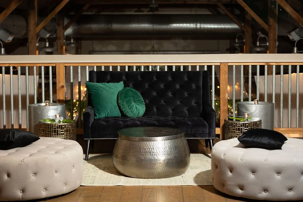 Tall 'moody' black velvet tufted loveseat QTY 1 Photo by Winding Roads Photography
