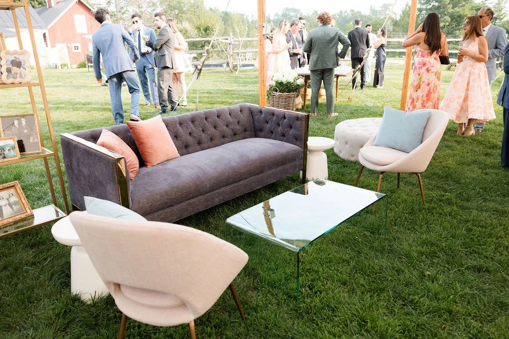 Slate blue tufted sofa with rose gold frame
QTY 2 Photo by Lillian Seibert