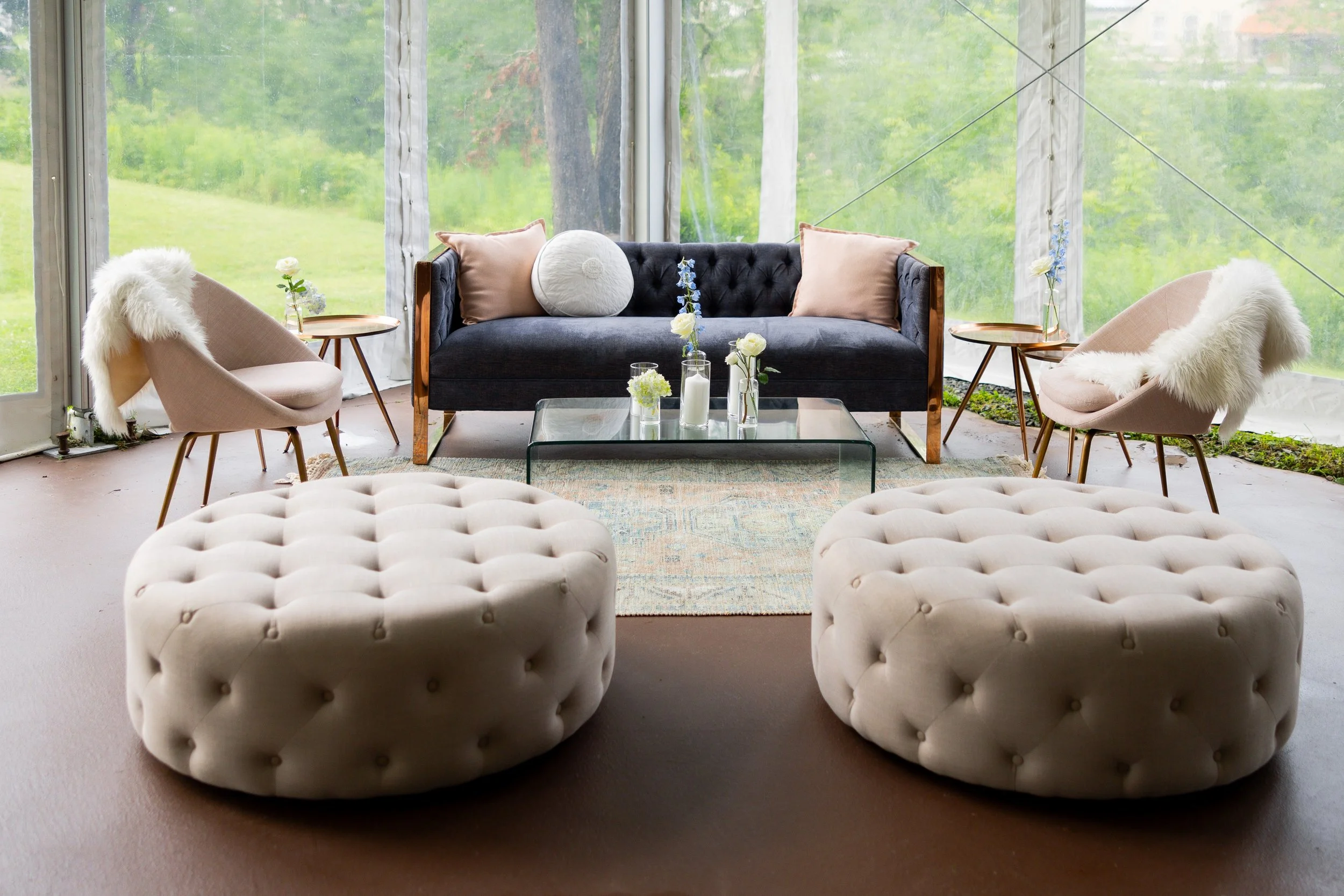 Slate blue tufted sofa with rose gold frame
QTY 2