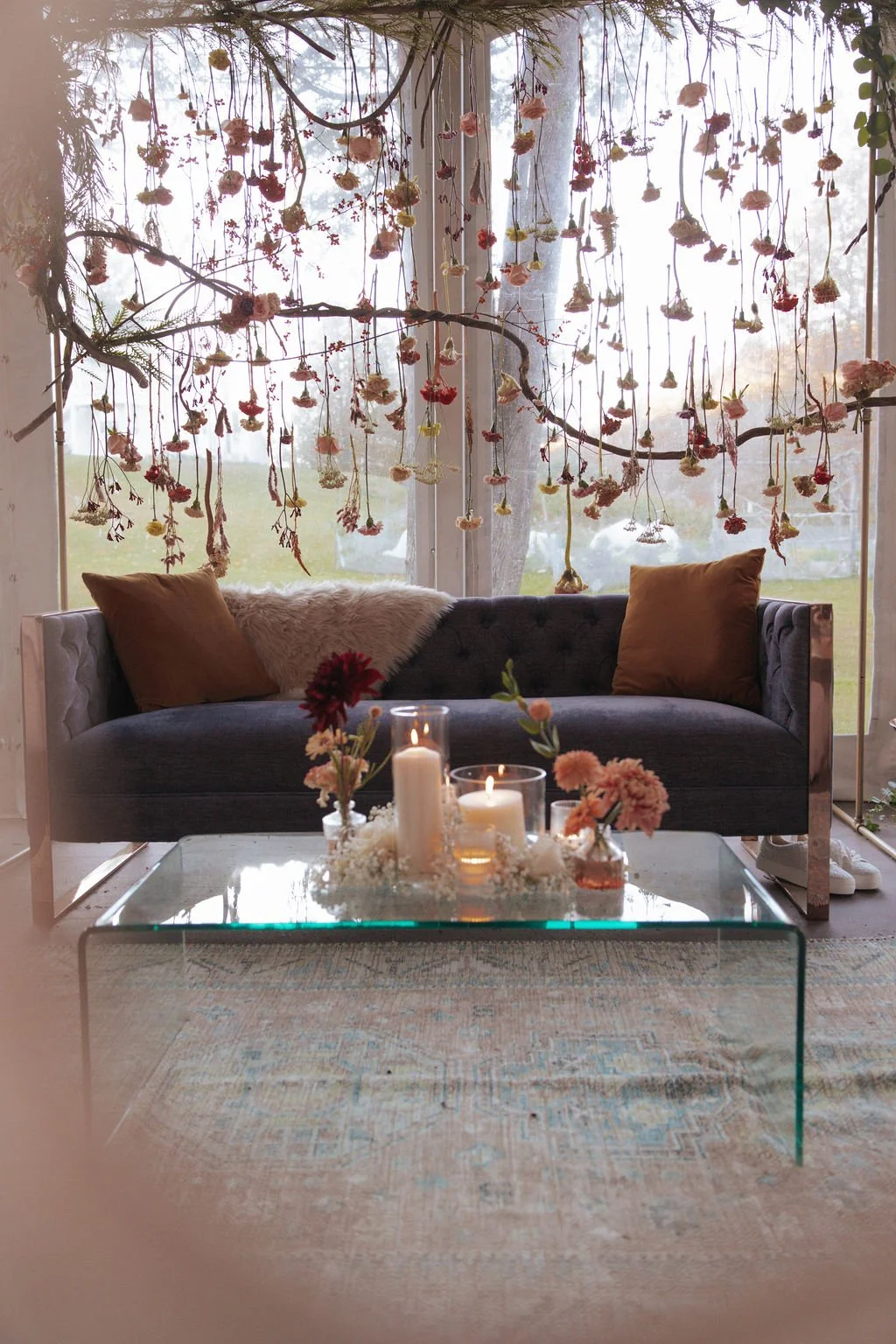 Slate blue tufted sofa with rose gold frame
QTY 2 Photo by Anothers Eyes Photography
