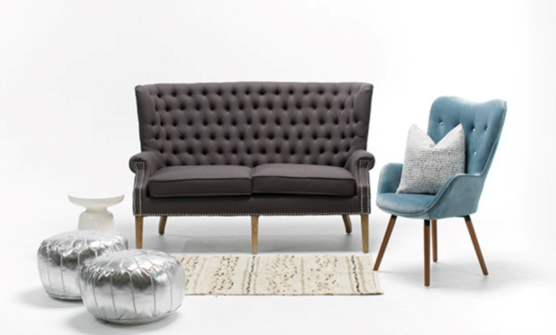 Charcoal gray high back tufted loveseat, tends to look purple-gray in certain light QTY 2