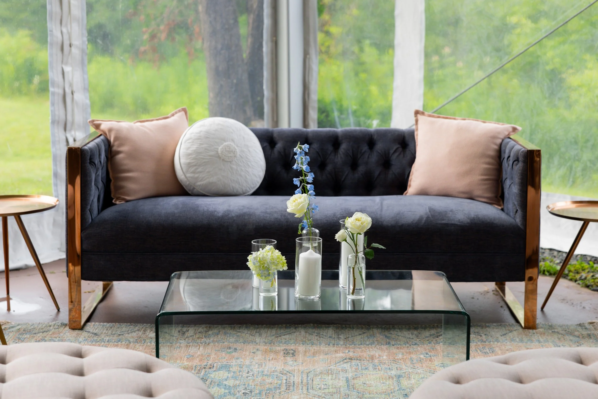 Slate blue tufted sofa with rose gold frame
QTY 2