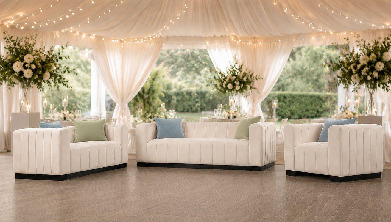 White velvet modern lounge set | the full pairing includes, sofa, loveseat, & single chair
