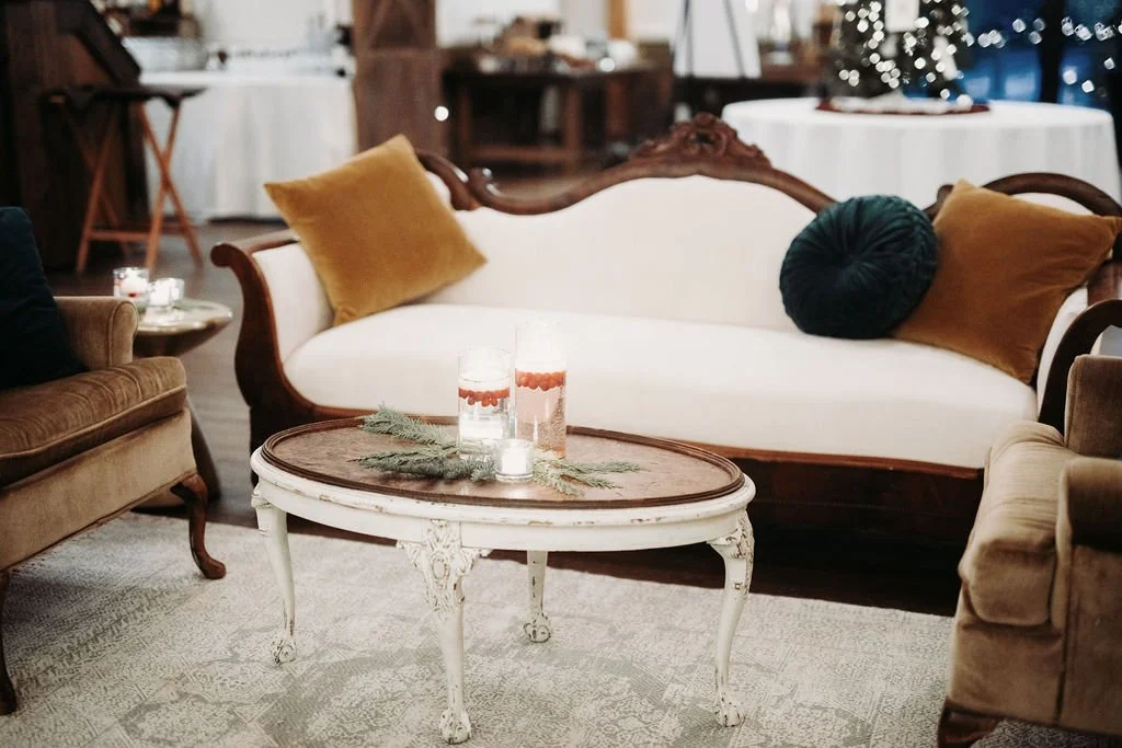 Vintage ivory sofa with mahogany wood QTY 1 Photo by Graham Marley Photography