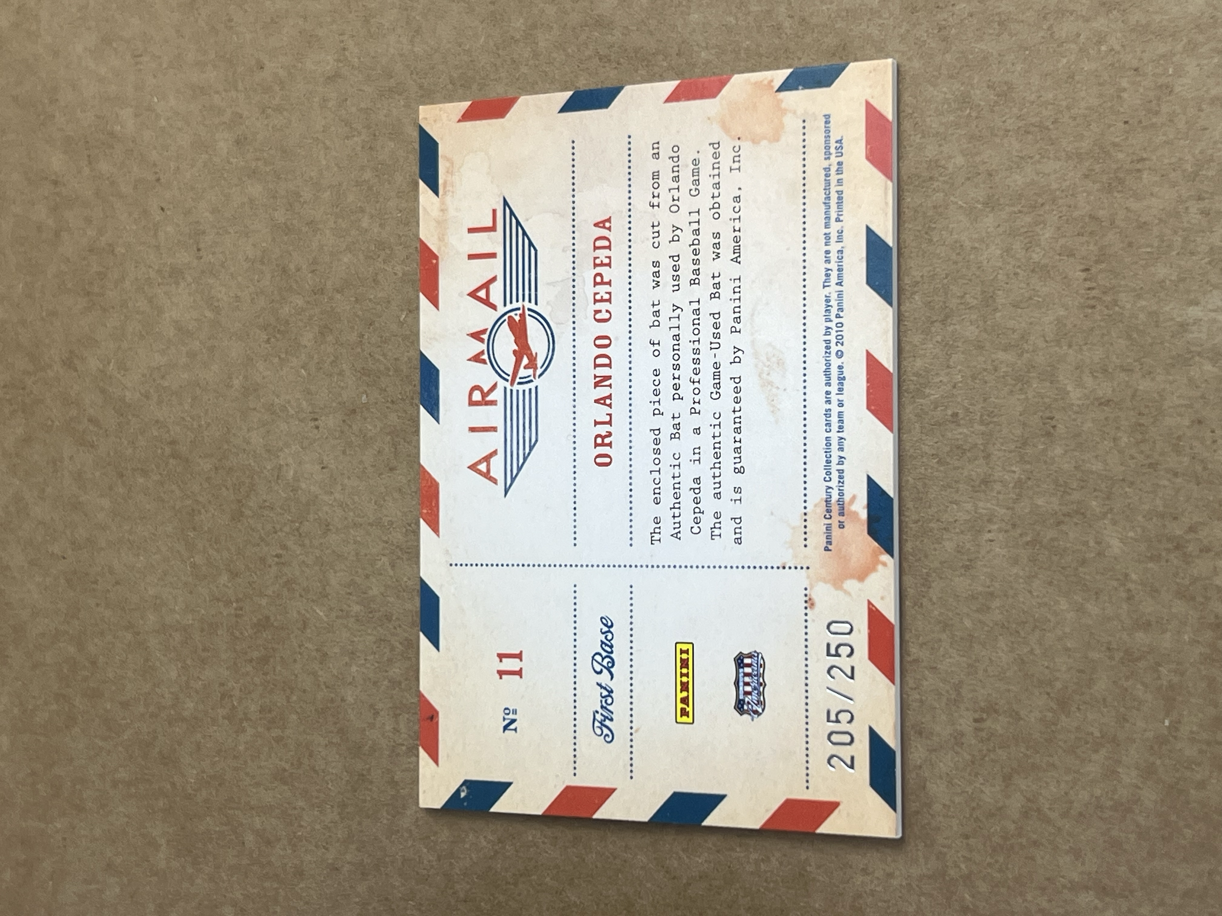 Orlando Cepeda Baseball bat relic Panini 2010 Back.png