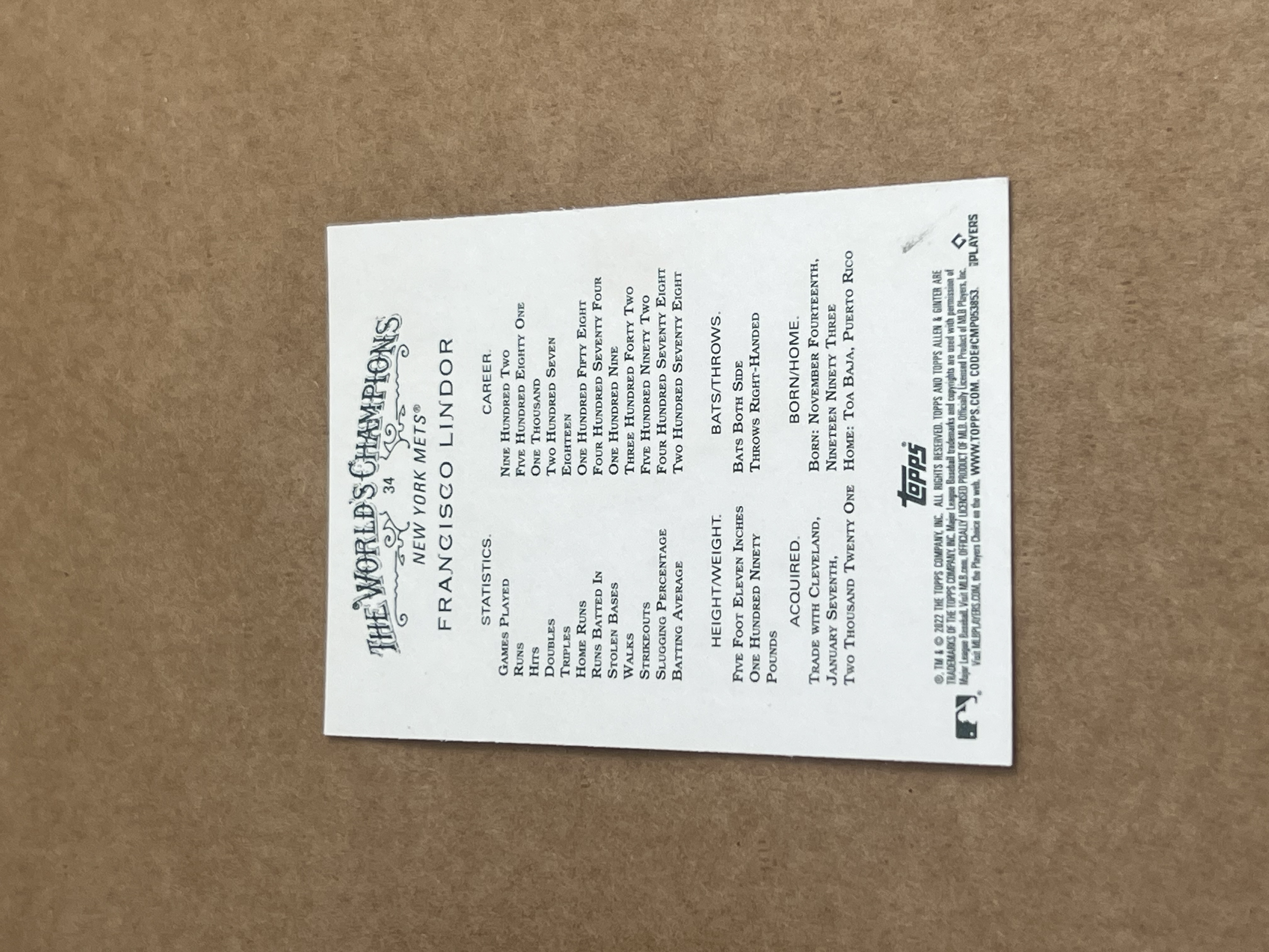 Francisco Lindor Allen & Ginter 2022 Back.png