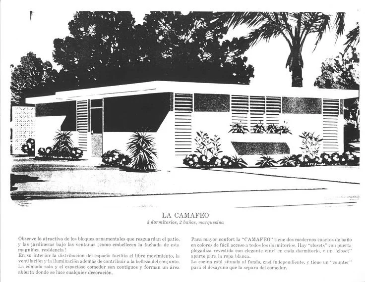 Black and white illustration of a modern house with the name 'LA CAMAFOE' and Spanish description, featuring a patio, large windows, and landscaping. Levittown
