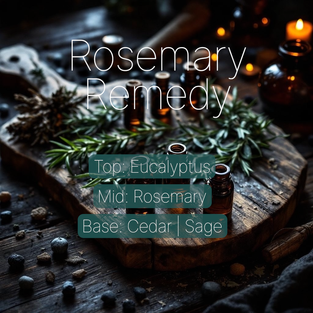 A descriptive photo for rosemary remedy with rosemary and sage and scented notes of top eucalyptus, mid notes of rosemary and base notes of cedar and sage