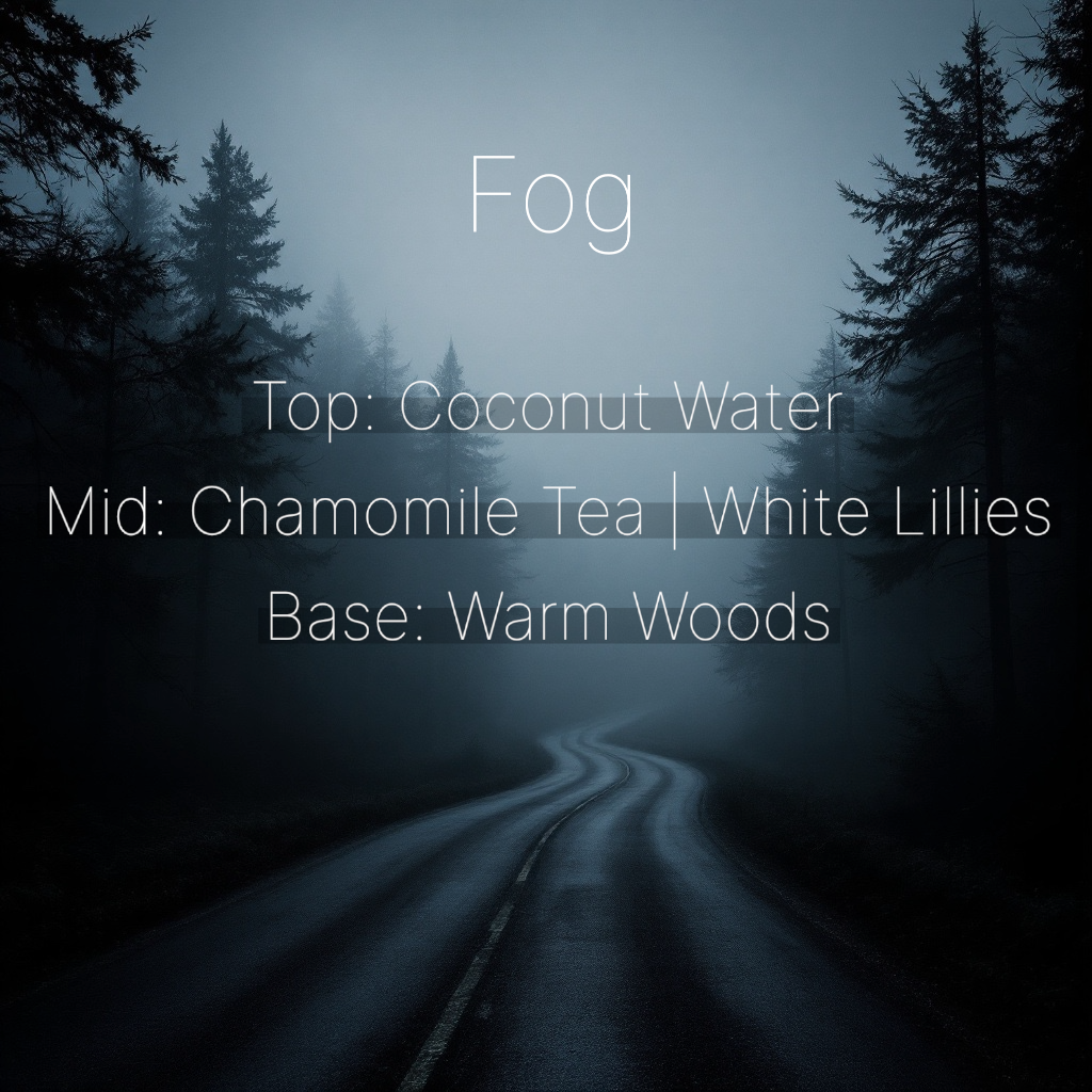 a descriptive photo for our signature Fog scent showing top notes of coconut water, mid notes of chamomile and white Lillie's and base notes of warm woods