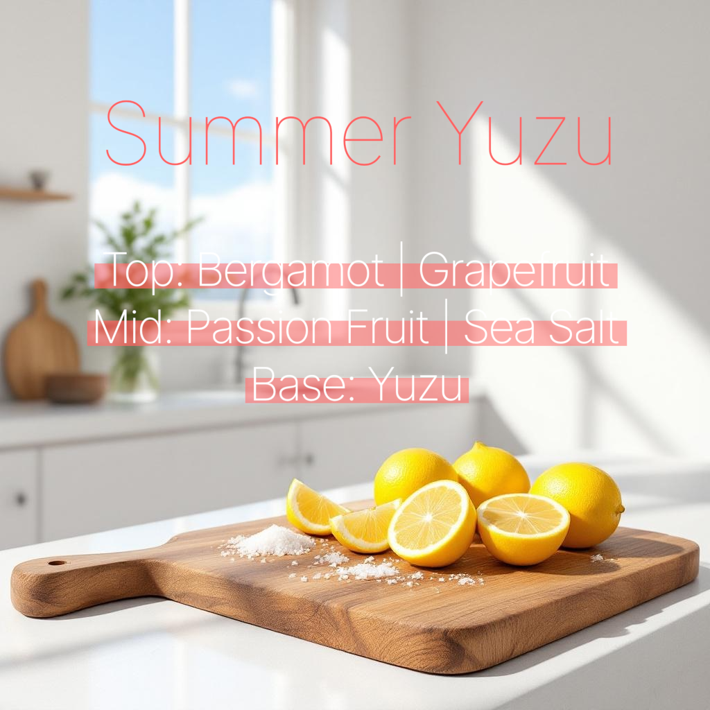 A summer yuzu photo with lemons and sea salt on a cutting board showing top notes of bergamot and grapefruit, mid notes of passion fruit and sea salt and base notes of yuzu