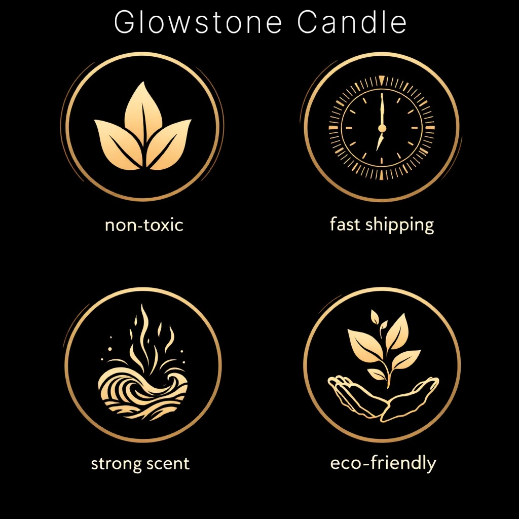 Glowstone Photo Promotional photo showing our promise of fast shipping, non toxic ingredients, strong scented candles and eco friendly supplies