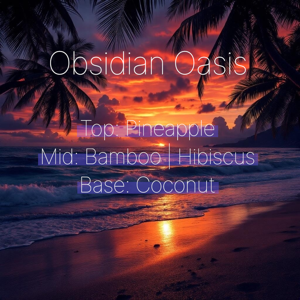 a tropical scene of our obsidian Oasis candle showing the top notes of pineapple, base notes of bamboo and hibiscus and base of coconut