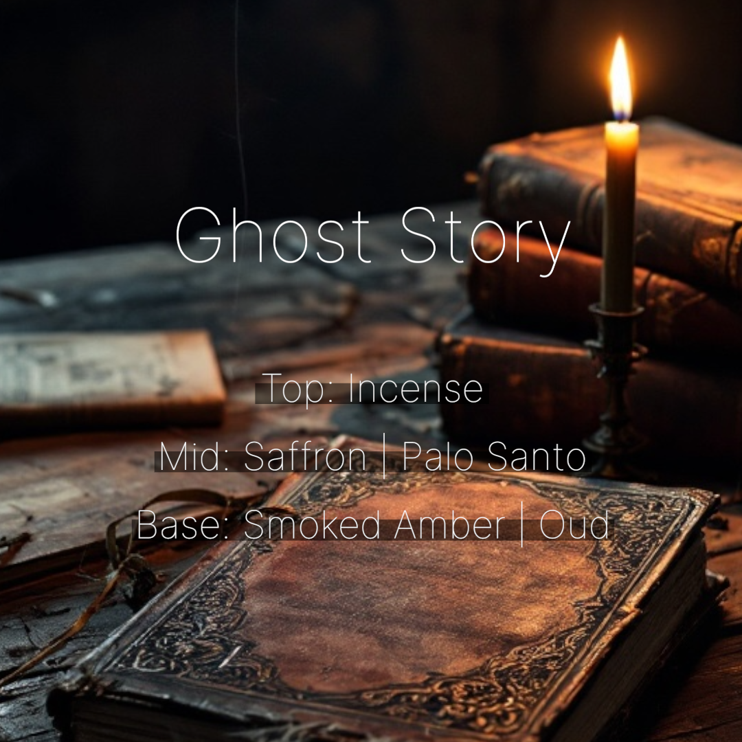 an image of our ghost story scent notes of saffron, Palo Santo, smoked amber and oud