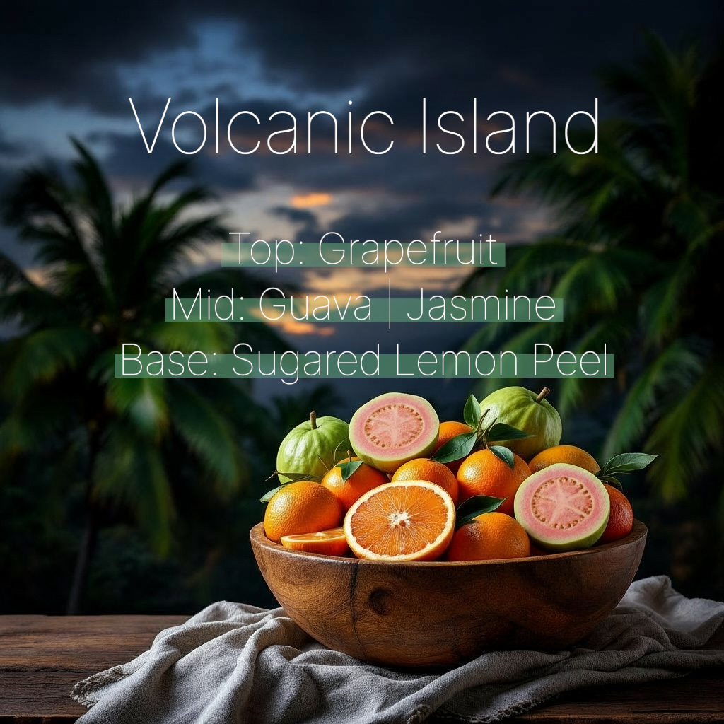 our volcanic Island description photo of a dark island scene with cut up guava and grapefruits showing top notes of grapefruit, mid notes of guava and jasmine and base notes of sugared lemon peel