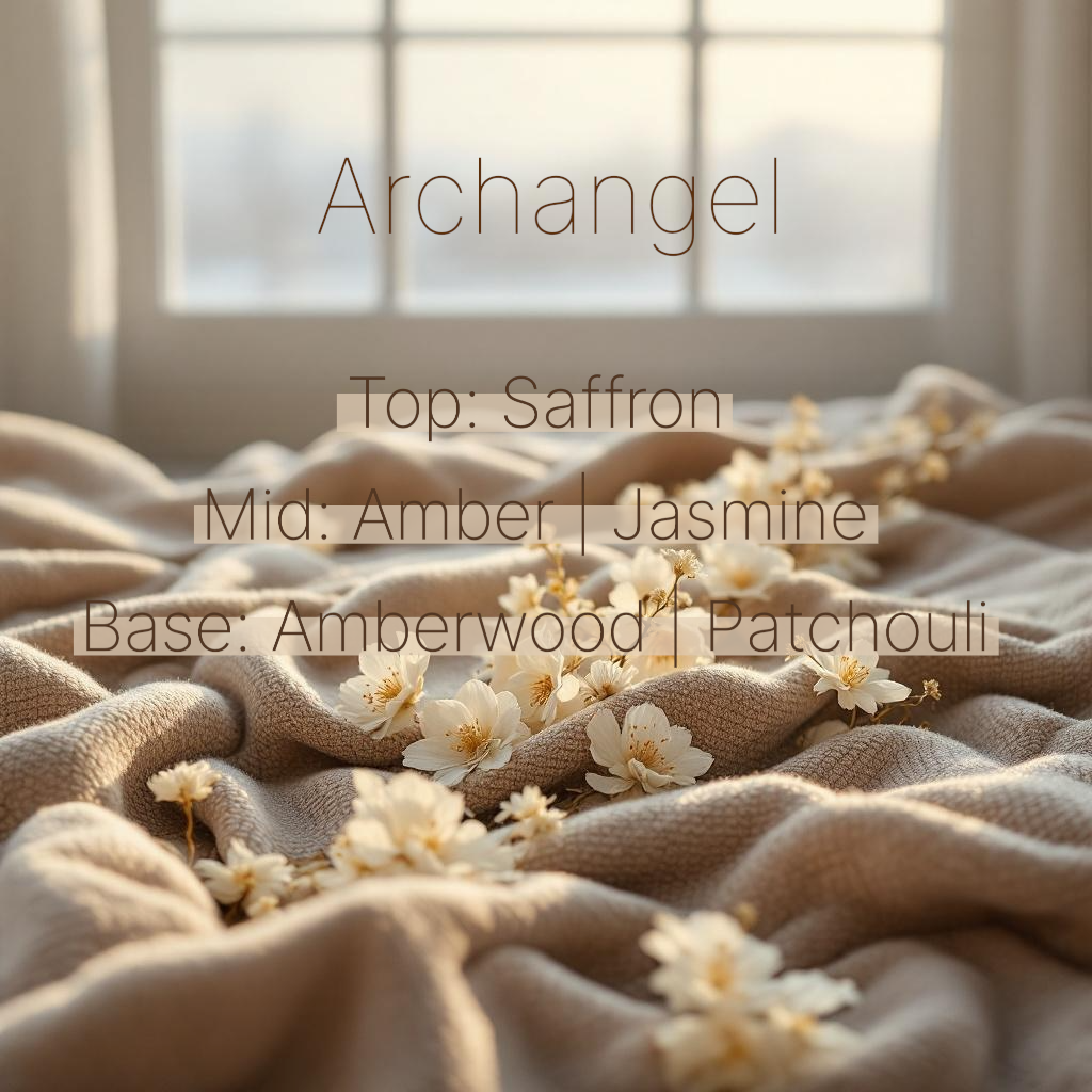 A photo of the scent notes of the Archangel candle representing a cozy, cashmere setting with top notes of saffron, mid notes of amber and jasmine and base notes of amber wood and patchouli