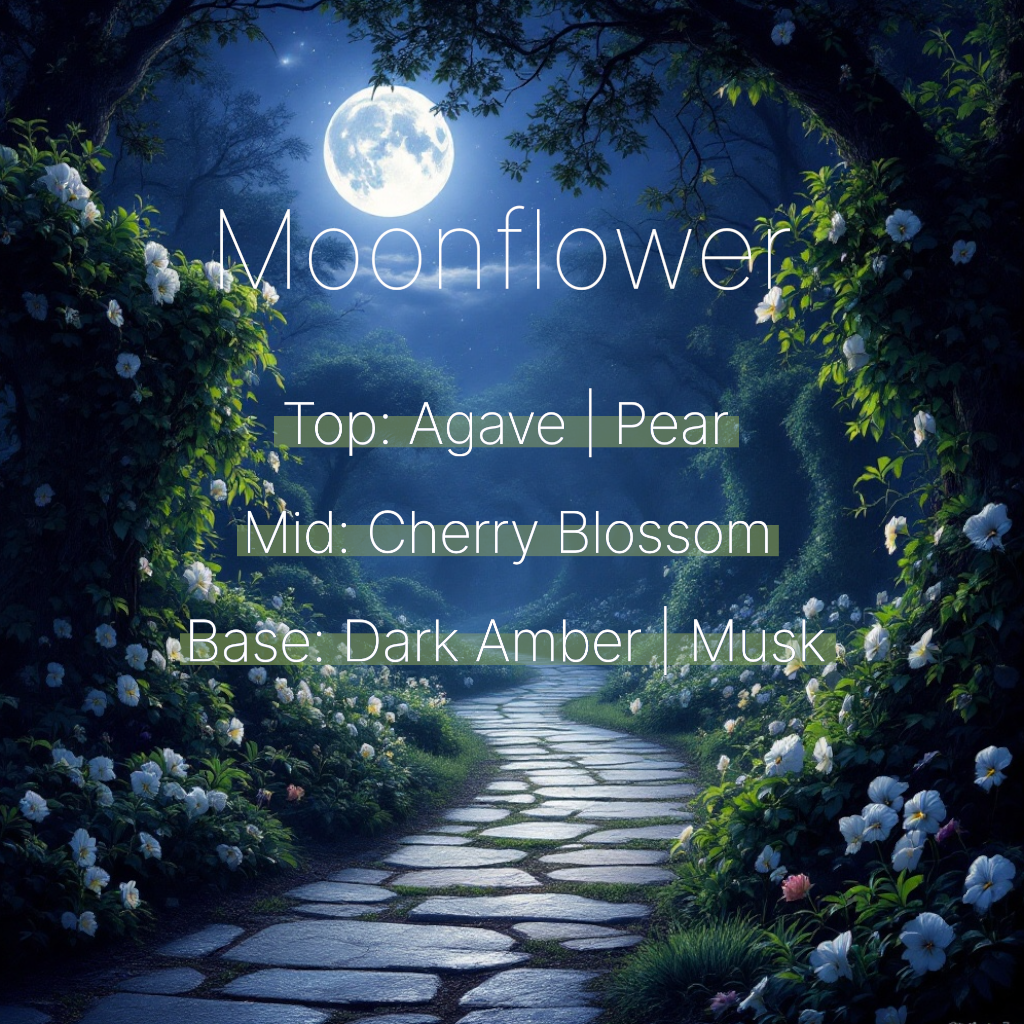A descriptive photo for our moonflower candle along a moonlit path of fresh moonflowers stating the top notes of agave and pear, mid notes of cherry blossom and base notes of dark amber and musk