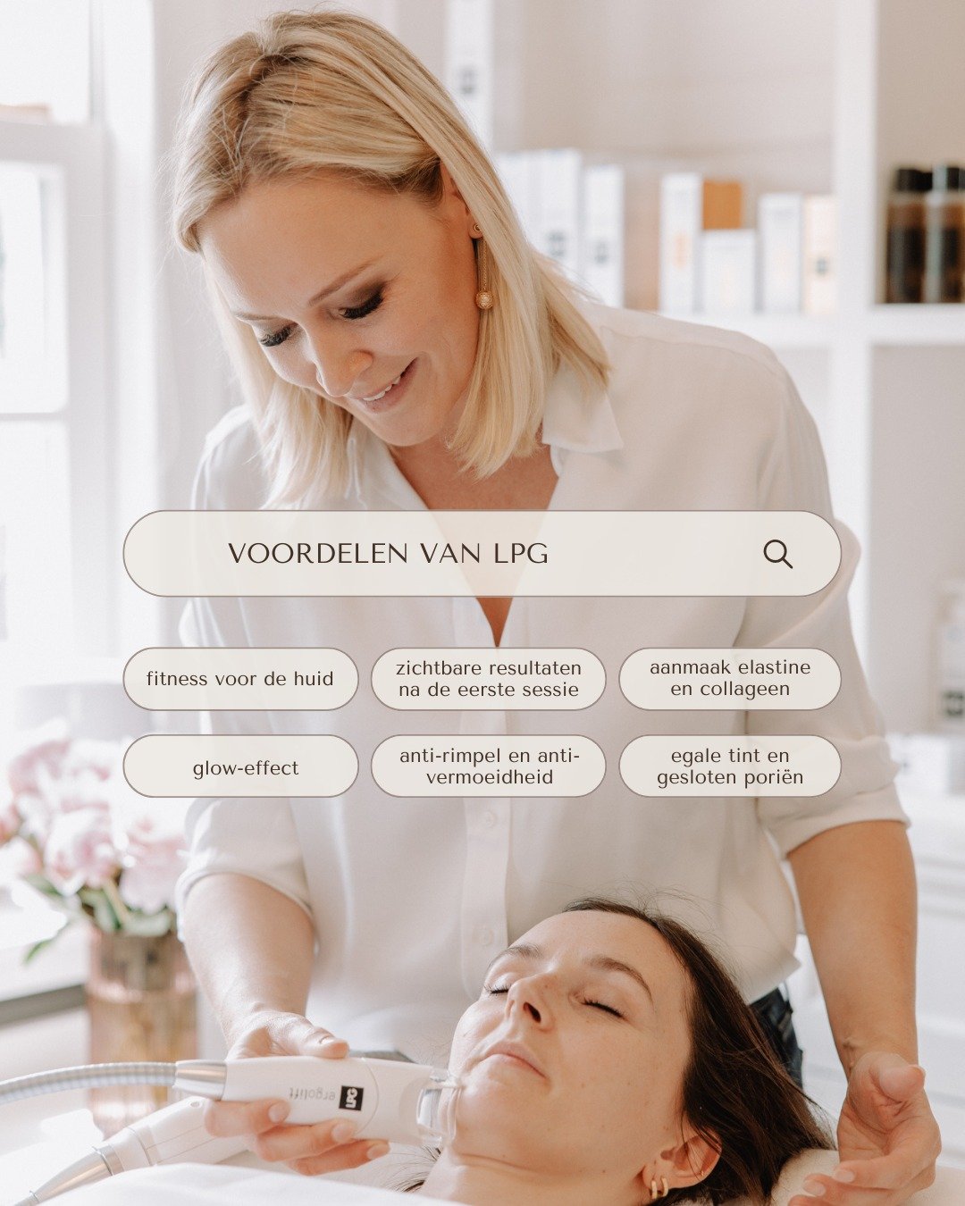 Is LPG iets helemaal nieuws voor jou? Kom de behandeling dan ontdekken bij Studio Olivia. 

LPG kan je zien als 𝘦𝘦𝘯 𝘧𝘪𝘵𝘯𝘦𝘴𝘴 𝘷𝘰𝘰𝘳 𝘥𝘦 𝘩𝘶𝘪𝘥. Je huid wordt strakker, egaler, rimpels worden gladgestreken, pori&euml;n worden gesloten en