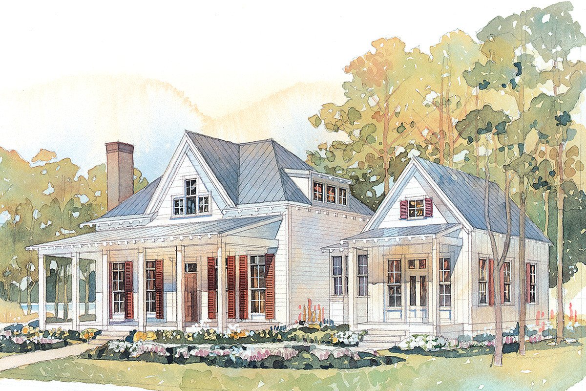 Watercolor illustration of a large white house with a porch, multiple windows with red shutters, and a metal roof. There are trees in the background and a landscaped yard with flowers in the foreground.