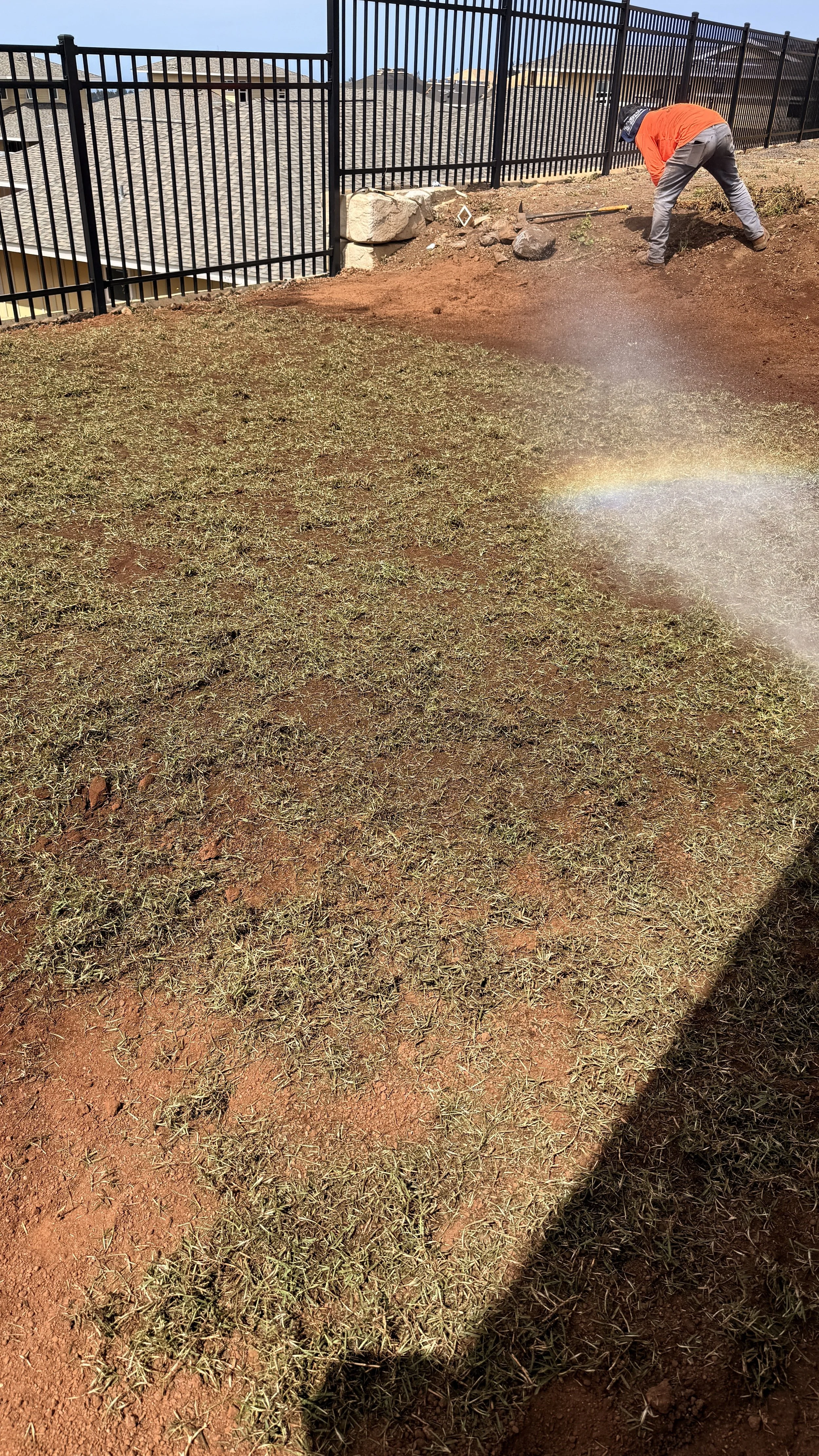 A person in an orange shirt and gray pants is working on a patch of soil near a black metal fence, with a rainbow-colored reflection on the ground.