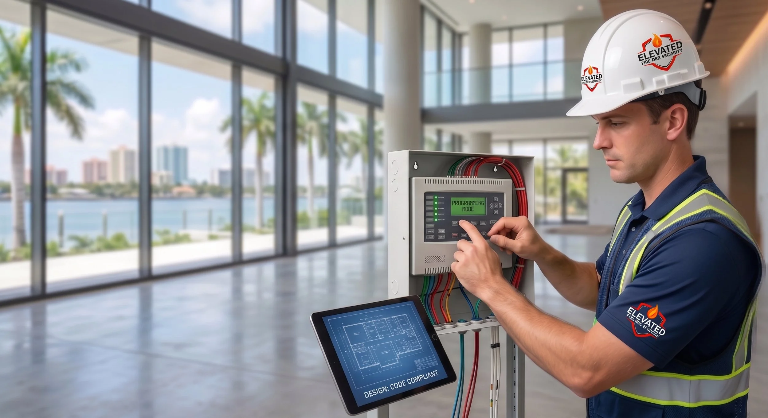 A man wearing a white safety helmet and a navy polo shirt with a high-visibility vest working on electrical wiring in an indoor space with large floor-to-ceiling windows overlooking palm trees and a city skyline. The helmet has a logo that says 'Elevated Fire Deb Security' and there is a display screen on the electrical panel showing programming mode.