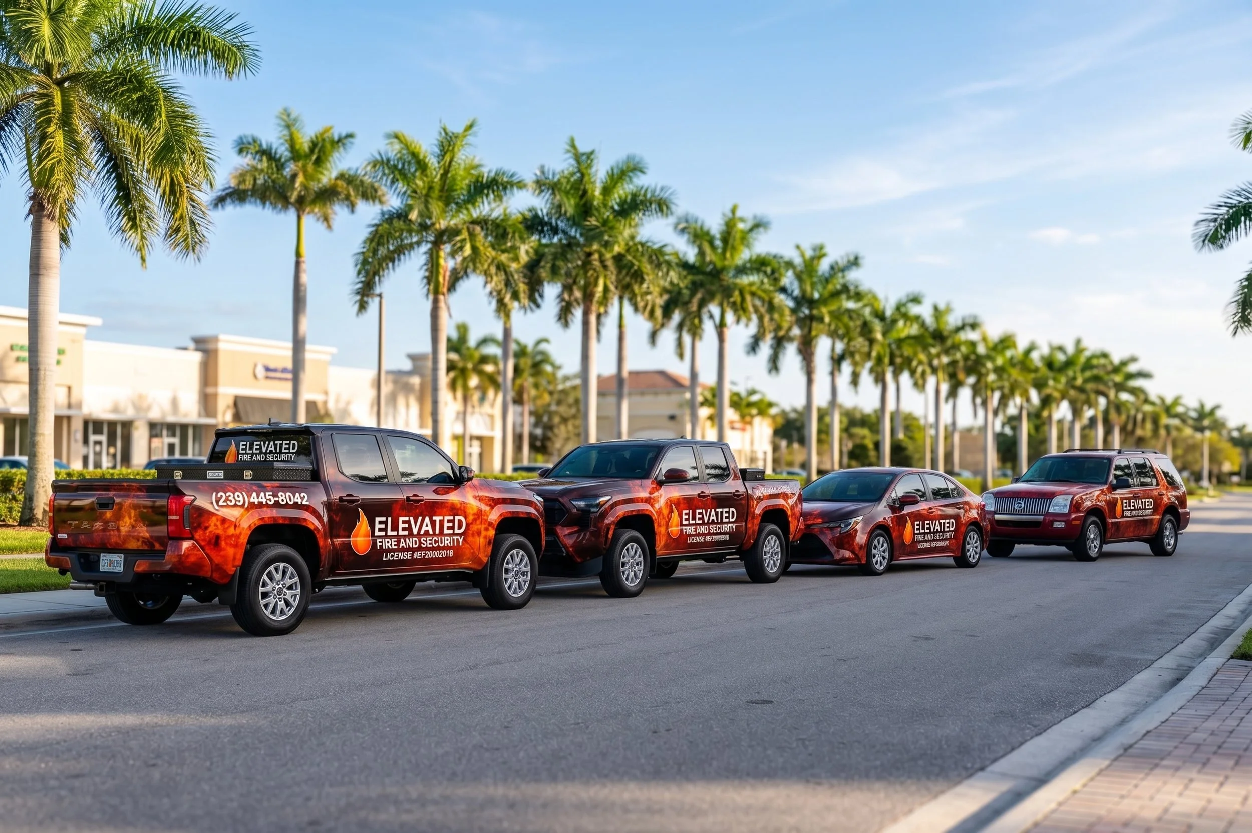A fleet of Elevated Fire and Security service vehicles, including fiery-wrapped Toyota Tacoma trucks and cars, parked on a sunny, palm-tree-lined commercial street in Southwest Florida, ready for rapid fire alarm dispatch