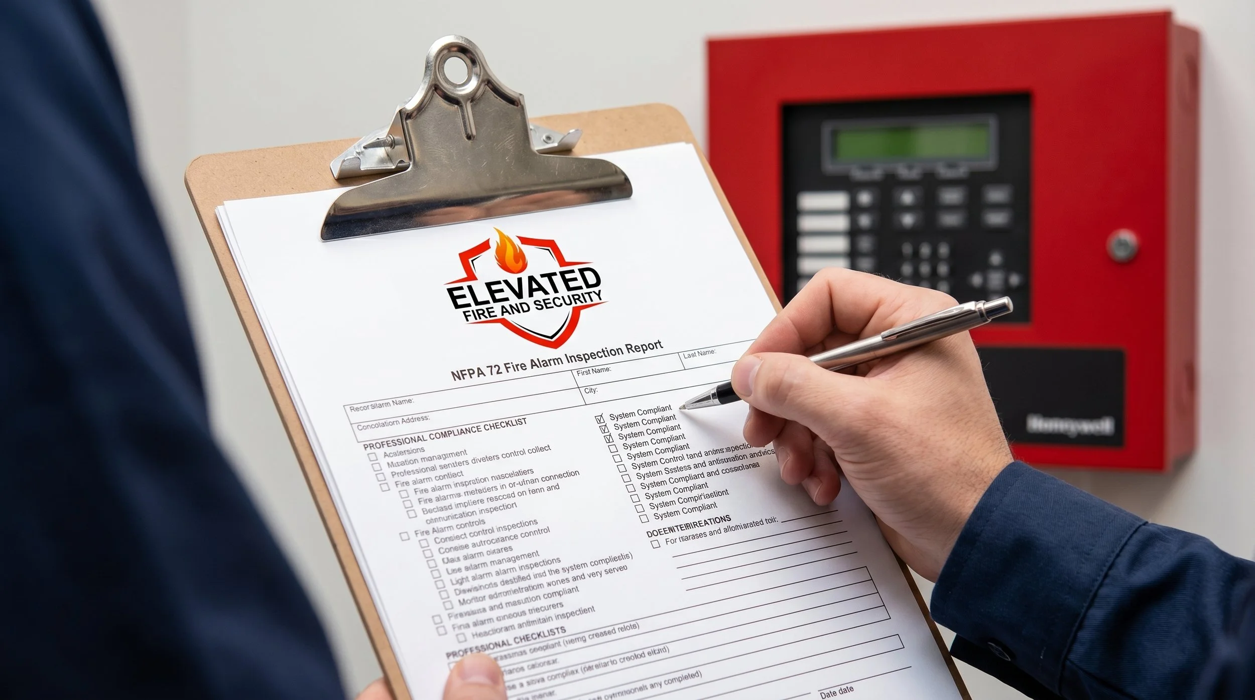Person holding a clipboard with a fire alarm inspection report that has the logo 'Elevated Fire and Security' on it, with a red fire alarm system box in the background.