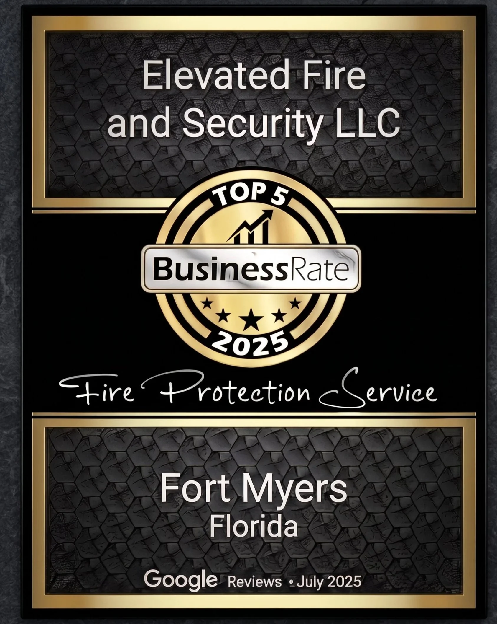 2025 Top 5 Business Rate award plaque for Elevated Fire and Security LLC, recognizing them as a leading Fire Protection Service provider in Fort Myers, Florida, based on July 2025 Google Reviews.
