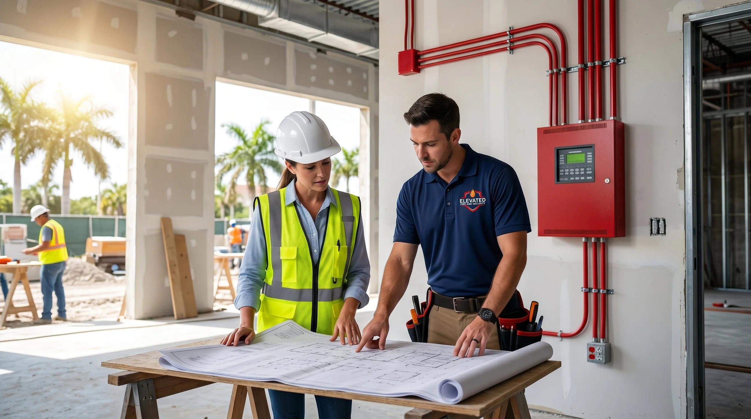 Construction workers at a building site reviewing blueprints. Two workers in the foreground, one man and one woman, are looking at documents on a table, with the woman wearing a white hard hat and a yellow safety vest, and the man in a navy shirt with a logo and tool belt. In the background, other workers are visible, and there is electrical wiring and equipment on the wall.
