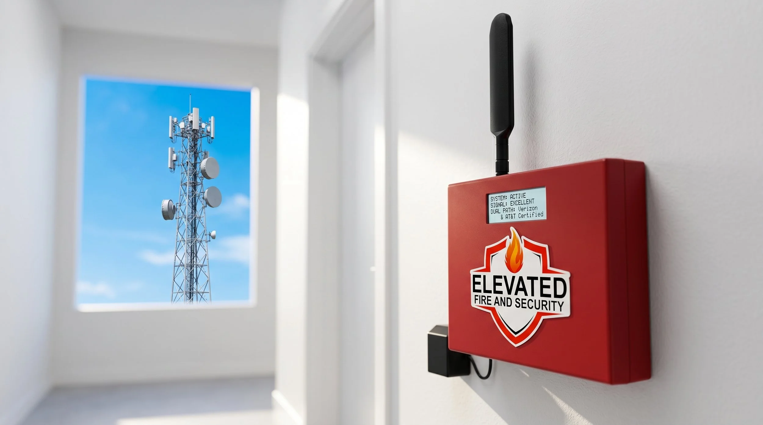 Close-up of a red fire alarm control panel on a white wall. The panel has a black antenna and a digital display indicating system status and cellular signal strength. In the background, a window shows a clear blue sky with a tall telecommunication tower.