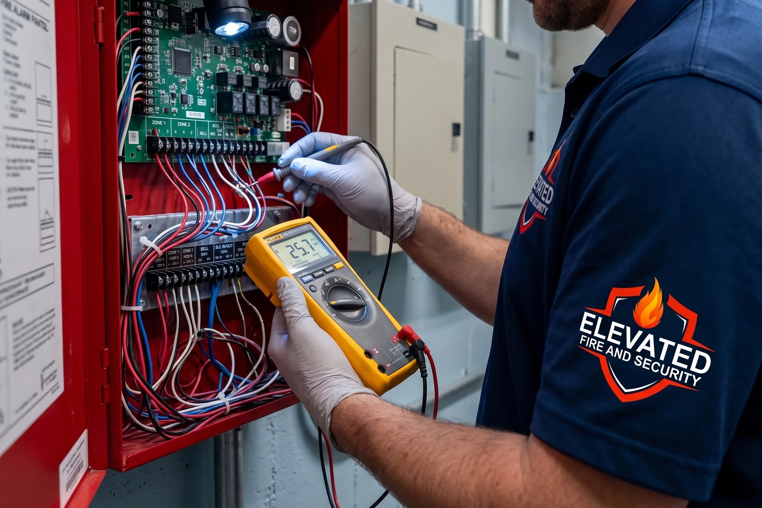 A technician testing a fire alarm control panel with a digital multimeter in a fire station or security facility. The technician is wearing gloves and a uniform with a fire and security company logo.