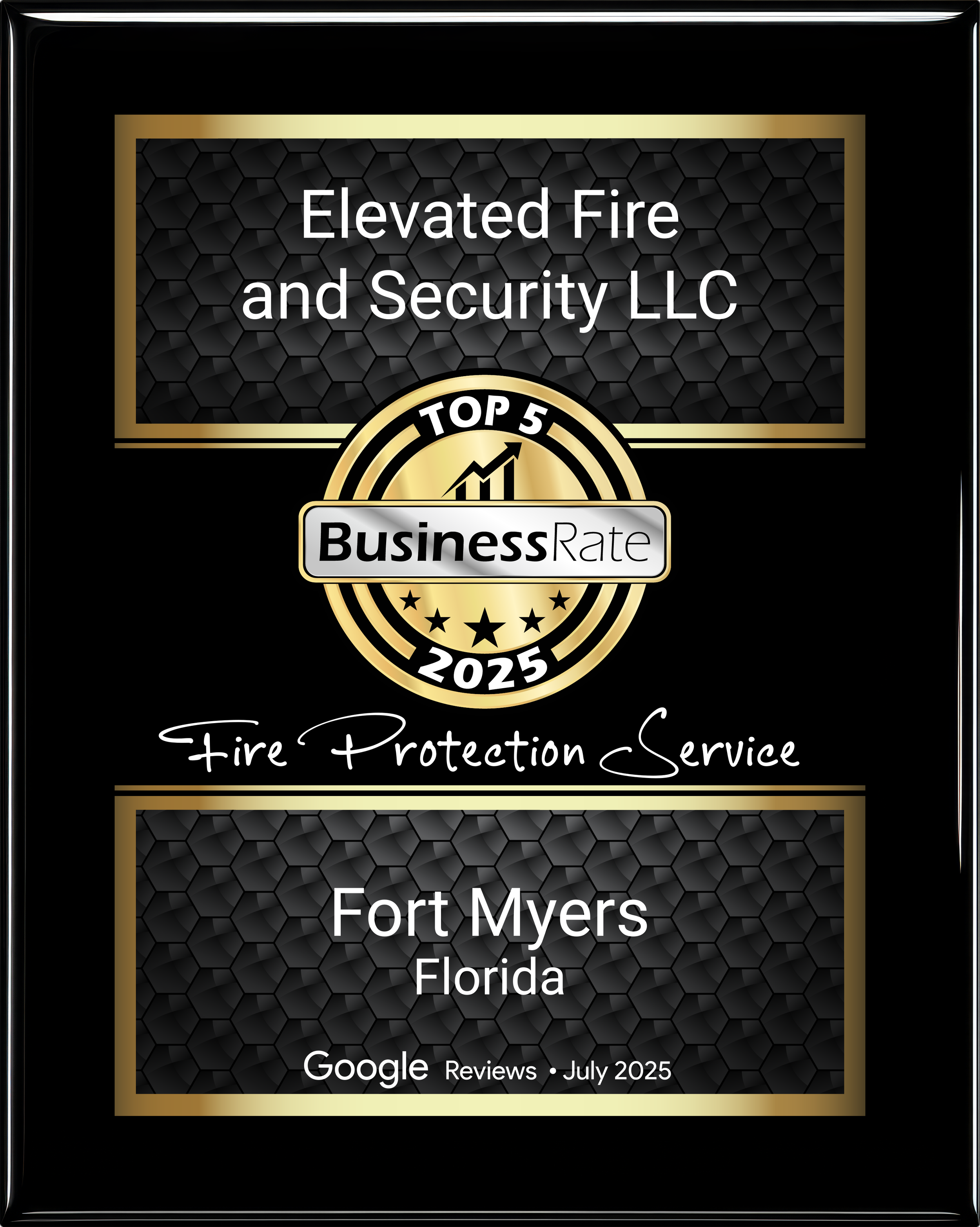 A black and gold award plaque or badge with a hexagonal textured background and text indicating a business award for 'Elevated Fire and Security LLC' in Fort Myers, Florida, with a top 5 ranking in 2025, and a logo with growth chart and stars for Fire Protection Service.