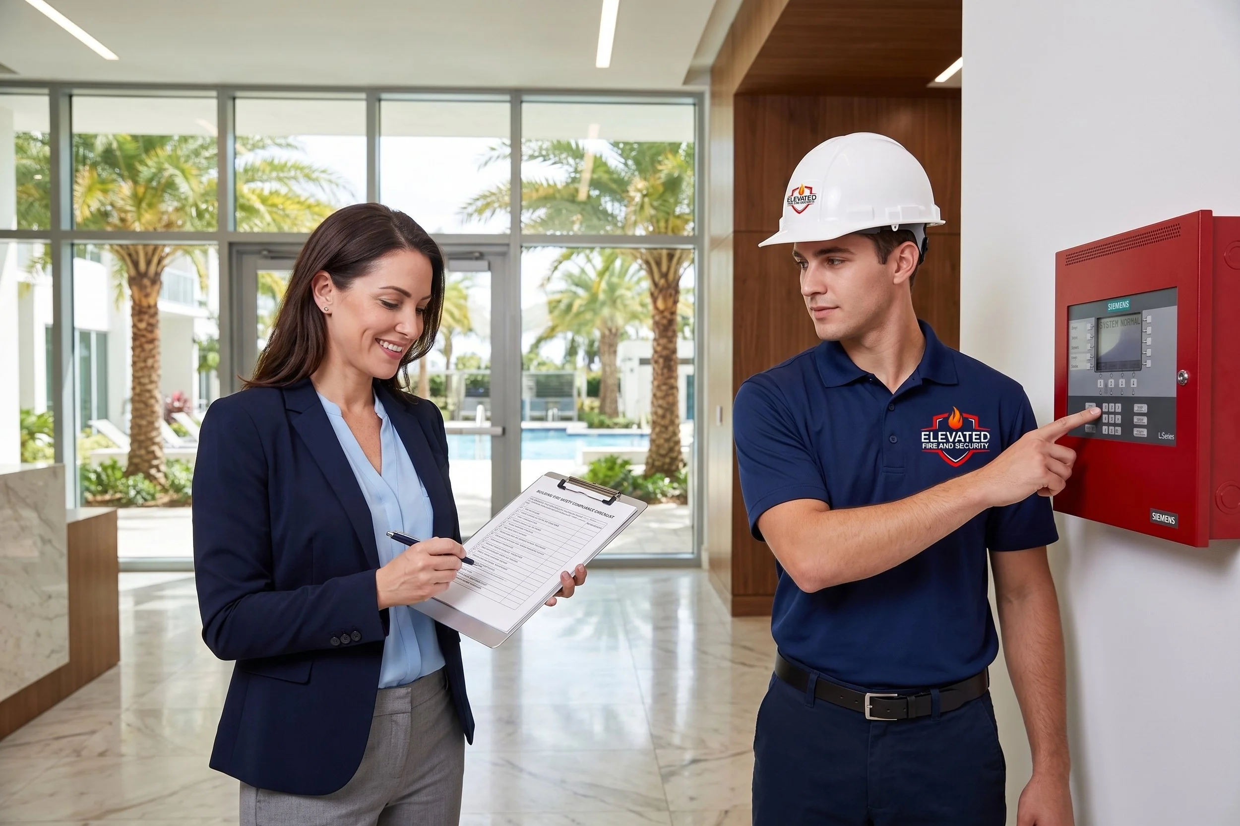 A woman with dark hair in a business suit writing on a clipboard and a man in a fire safety uniform pressing a button on a fire alarm panel inside a modern building with large windows and tropical trees outside.